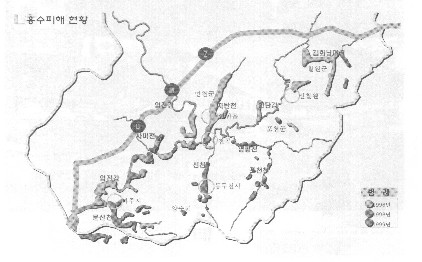 1996~1999년 사이의 임진강유역 홍수피해 현황