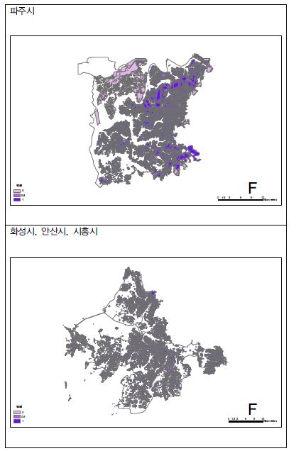 까막딱다구리의 상층부 피도량별 서식지적합성지수 분포도