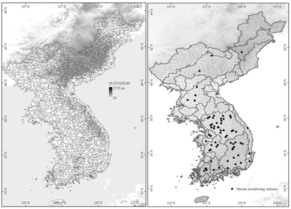 DEM을 이용한 한반도 단위유역 구분 및 유량관측소 위치