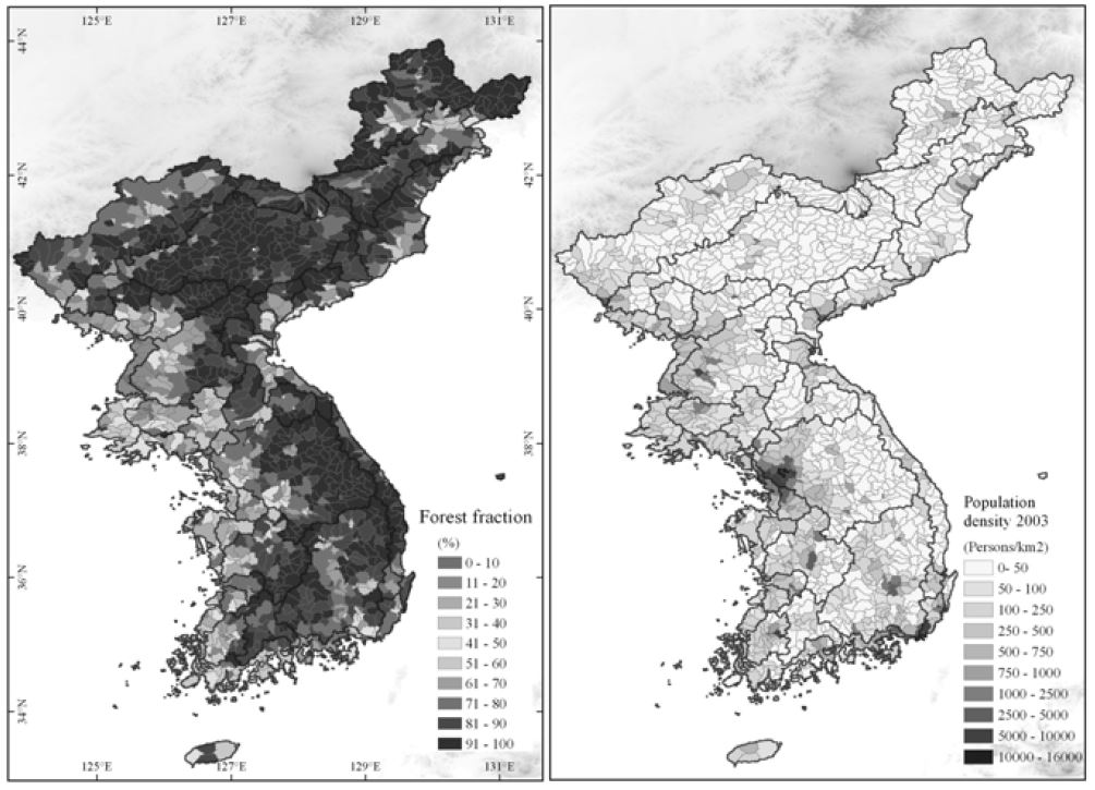 단위유역별 토지피복분율(산림)과 인구밀도 정보