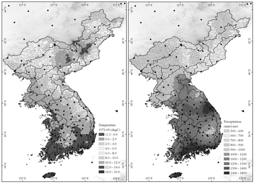 한반도 연평균 기온 및 강수량(1971~2000)과 기상관측소 위치