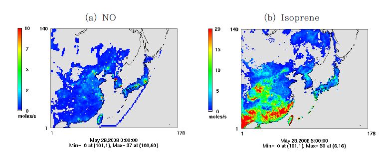 27-km 배출량 예시; (a)NO, (b)Isoprene