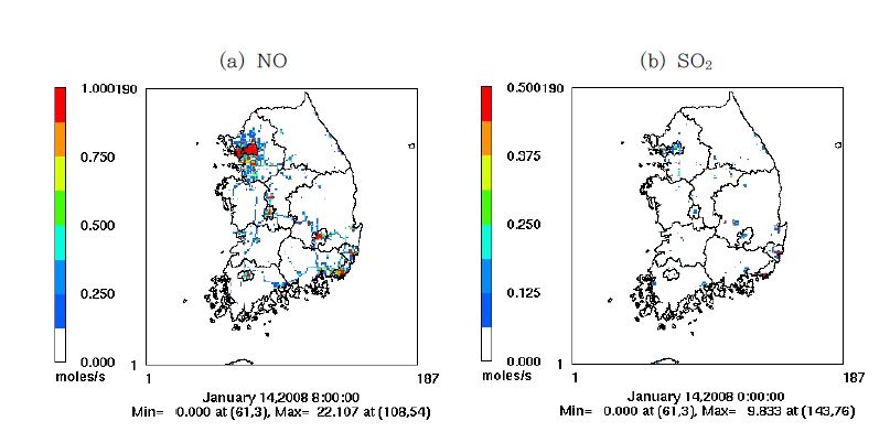 3-km 배출량 예시; (a)NO, (b)SO2