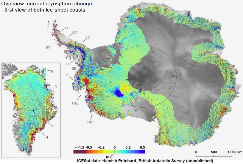 최근 5년간 그린란드 및 남극 빙상의 두께 변화