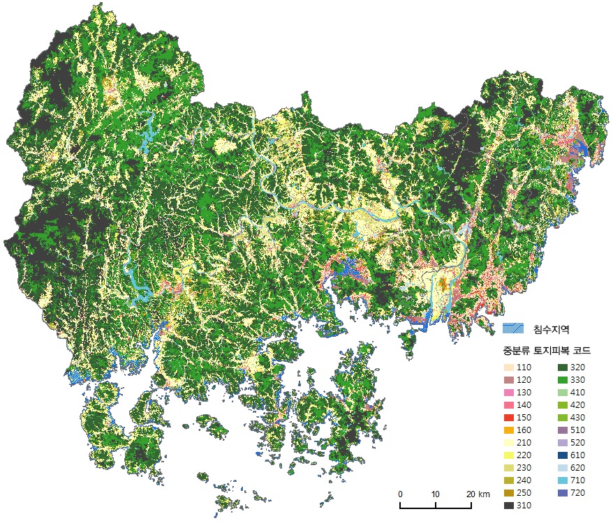 경남, 부산, 울산 지역의 토지피복 현황과 침수지역