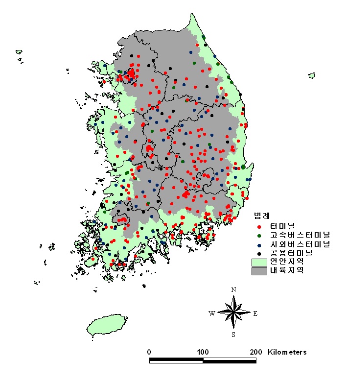 우리나라의 버스터미널 분포