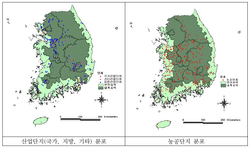 우리나라의 산업단지 및 농공단지 분포