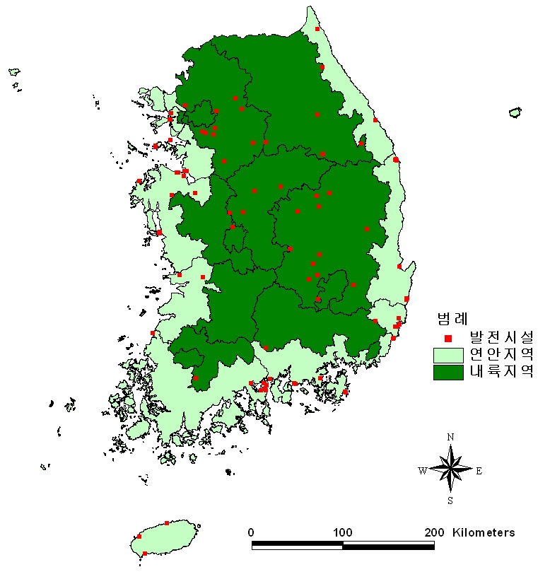 우리나라 발전시설의 공간 분포