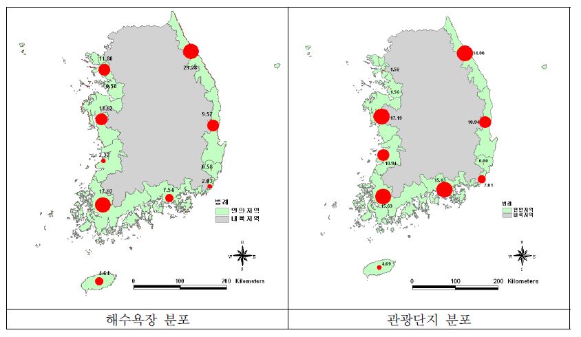 우리나라의 해수욕장 및 관광단지 분포