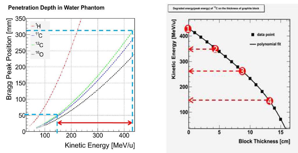 (왼쪽) H, 11C, 12C, O 핵종에 대한 물 팬텀 내의 브래그 피크 생성 위치와 (오른쪽) Graphite 블록의 두께에 따른 carbon beam(12C6+)의 에너지 변화.