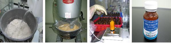 Addition of high concentrated pesticides mixture solution into ginseng powder (left), mixing by mixer (center-left), bottling in glove box (center-right) and prepared PT sample (right)