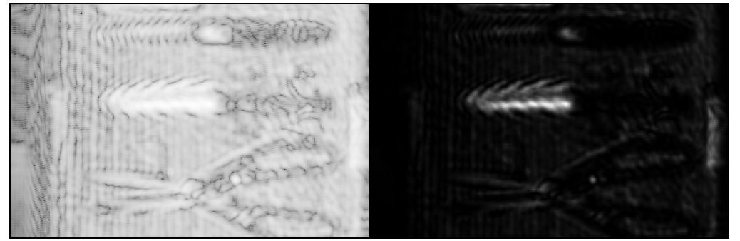 THz image of reflection type setup(2) screened using Kimtex wiper: (a) magnitude(dB scale), (b) magnitude(linear scale)