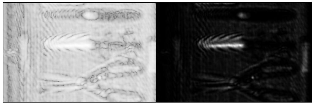 THz image of reflection type setup(2) screened using styrofoam paper: (a) magnitude(dB scale), (b) magnitude(linear scale)