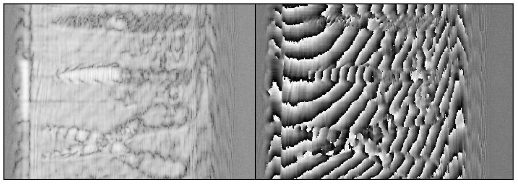 THz image of reflection type setup(4) screened using paper box: (a) magnitude(dB scale), (b) phase