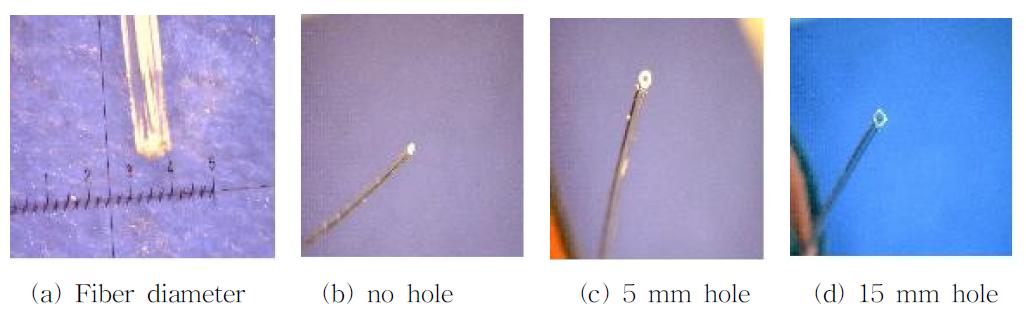 Polymer optical fibers with no hole and various holes.