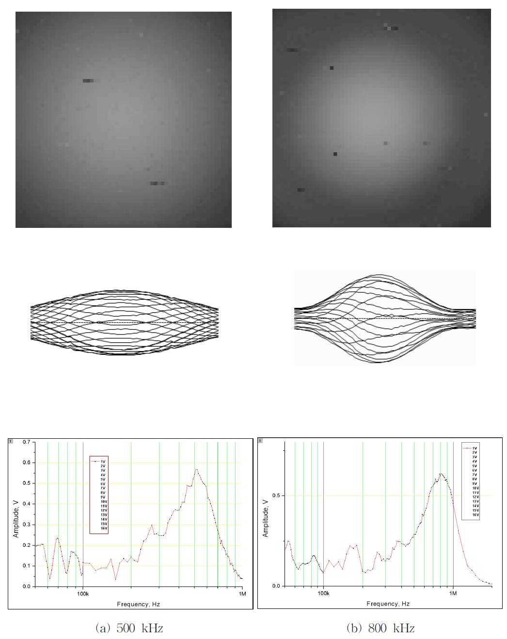 Displacement maps, surface profile lines and frequency responses measurered at a surface of water far from transducers