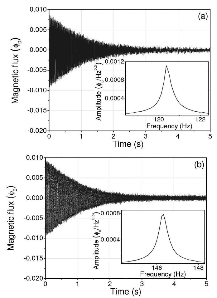 A single-scanned 1H NMR FID signal measured with a DROS based ULF-NMR system (a), and with a DC-SQUID based ULF-NMT system (b). The insets in (a) and (b) are FFT spectrum derived from each 1H FID signal.