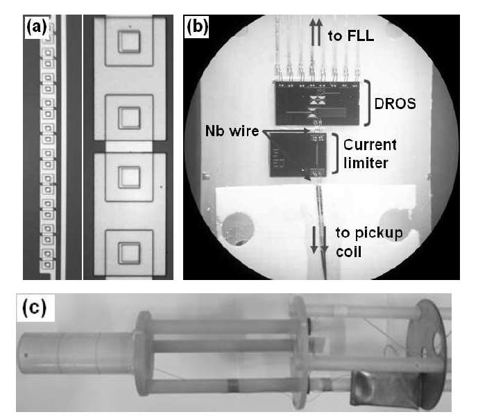 Fabricated Josephson junction array (a), detail image of Josephson junction array and the DROS part (b), and fabricated DROS second-order gradiometer (c). All parts of DROS second-order gradiometer except the pick up coil are wrapped with a superconducting shield. The shielded part is placed about 20 cm away from the pickup coil to reduce its influence on the pickup coil.