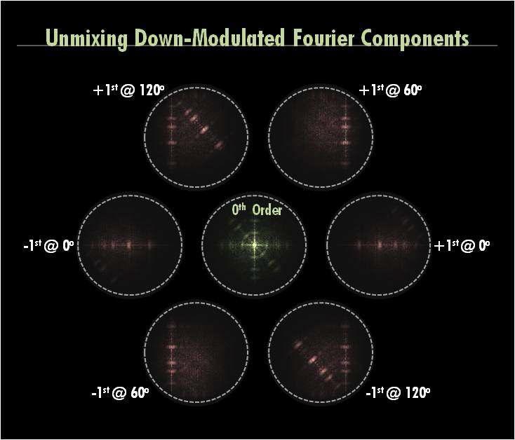 구조조명 원시 이미지 데이터 조합을 Fourier 스펙트럼 분석하여 분리 한 방위각/차수별 주파수 하향변조 (frequency down-modulation) 이미 지 스펙트럼.