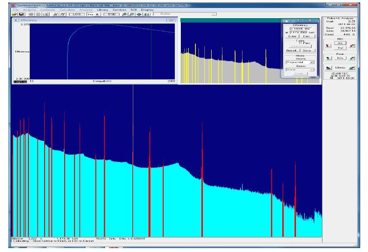 Measured gamma spectrum and efficiency calibration curve.