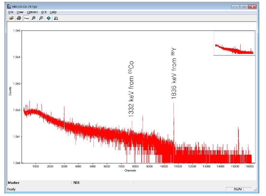 Background gamma-ray energy spectrum and two peaks from the produced CRMs.