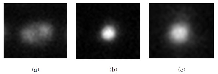 Images of a pin-hole; (a) blurred image (minus offset); (b) focused image; (c) blurred image (plus offset).