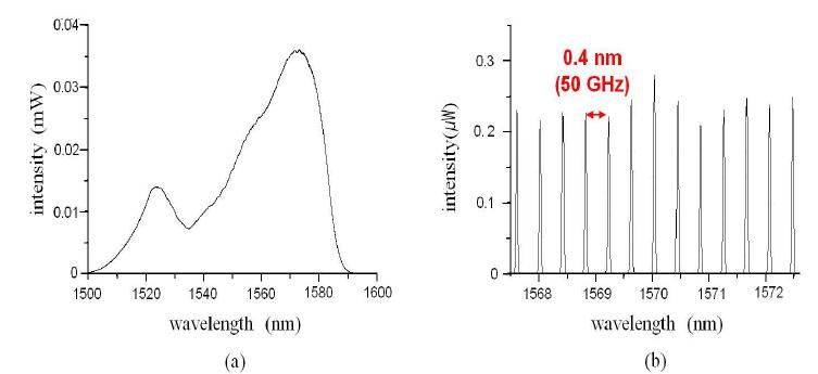 Spectrum of the femtosecond pulse laser: (a) full spectrum of the femtosceond pulse laser and (b) the optical comb of the femtosecond pulse laser with mode spacing of 50 GHz.