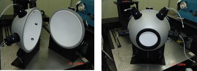 Two hemispheres coated with PTFE and the aperture used as the large area uniform spectral radiance source.