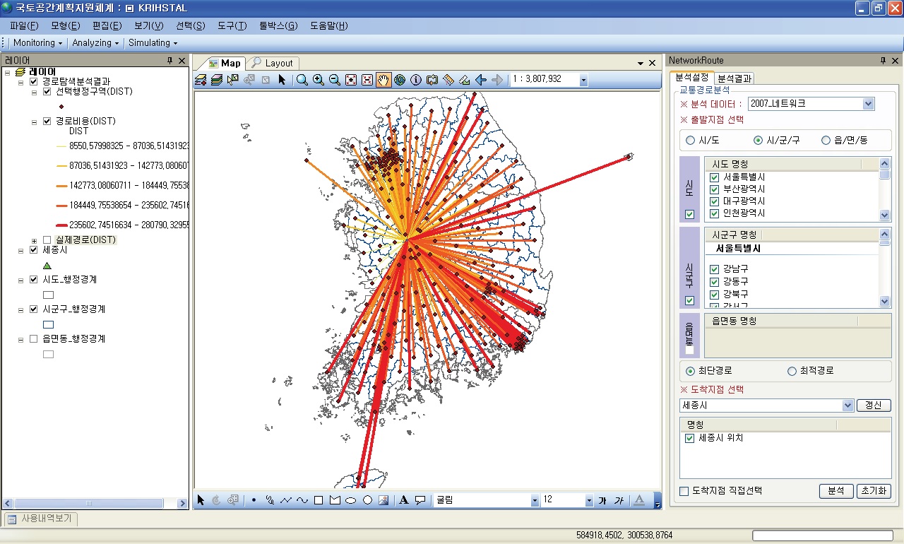 세종시의 최단거리 분석결과 SpiderMap