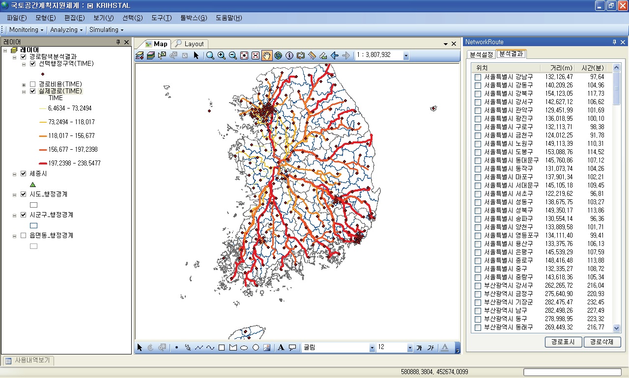 최적시간 경로 분석결과 실제 네트워크 Map : 우측에 거리와 소요시간 결과표현
