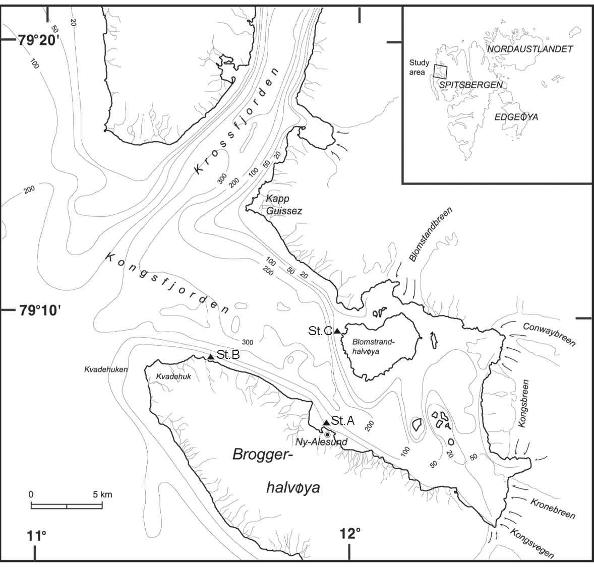 Location of Kongsfjorden, on the Island of Spitsbergen of Svalbard, and the sampling stations. Sts. A, B and C.