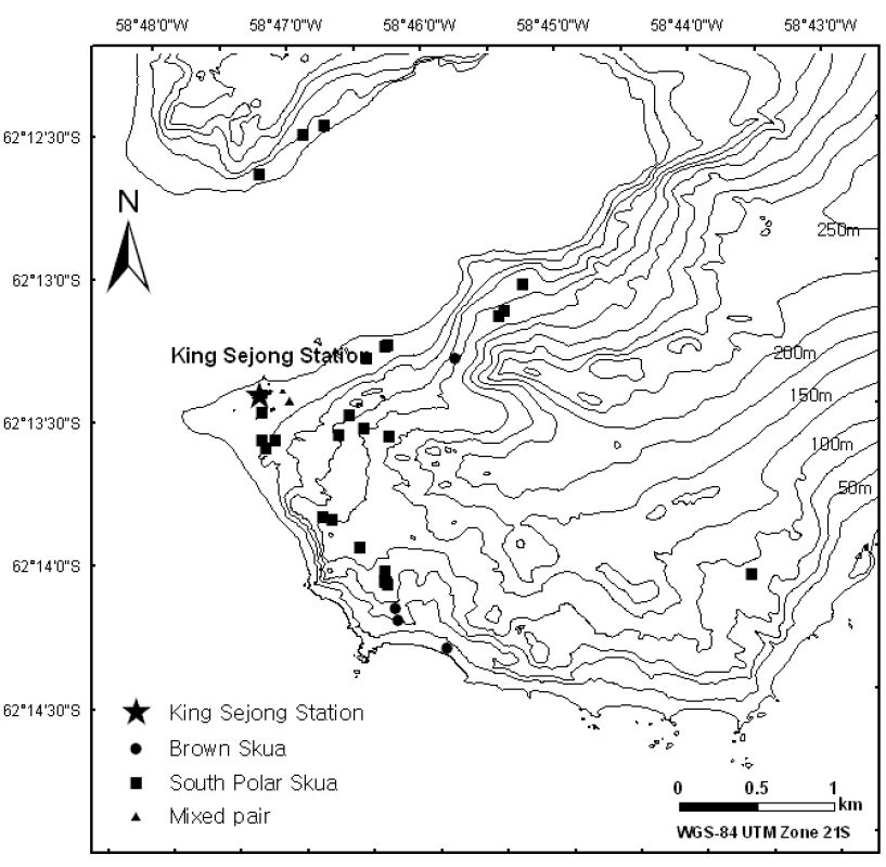 Nest distribution of skuas on Barton and Weaver peninsulas in 2007-08.