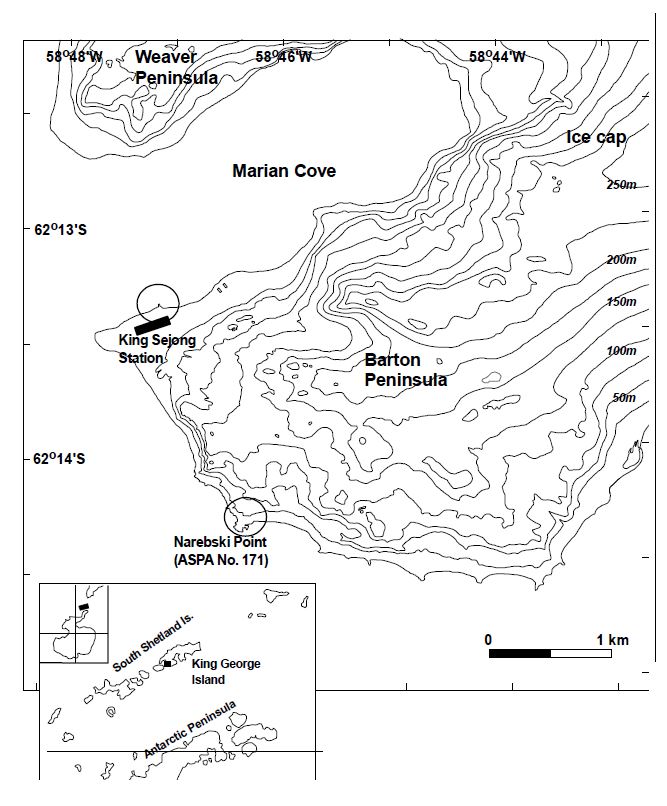 The sampling sites on Barton Peninsula, King George Island, South Shetland Islands