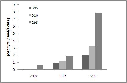 Increase in porphyra-334 content (nmol/L chl.a) during 72h of exposure under 395nm, 320nm and 295nm cutoff filters.