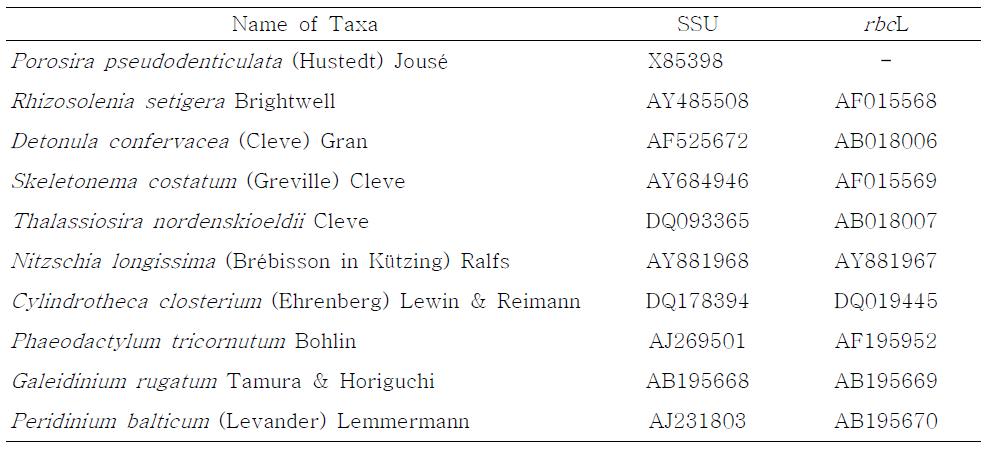 Sources of additional SSU, rbcL sequence data included in the multiple alignments