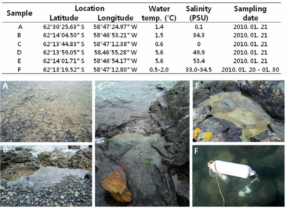 남극에서 채집한 샘플A~F들의 다양한 서식지별 정보