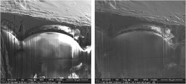 Cold deposition 후 저 가속전압 및 저 전류밀도를 이용한 클로버 잎의 단면 사진, 왼쪽: 5 kV-1.5 nA, 오른쪽: 3 kV-35 pA