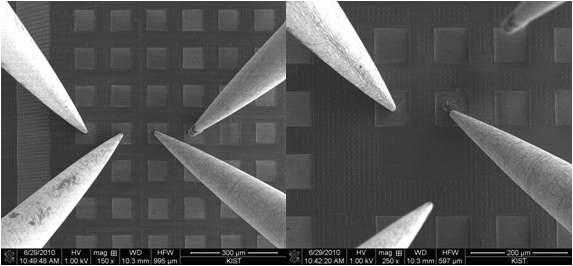 나노 매니퓰레이터를 이용하여 2Probe와 4Probe의 측정 sem image