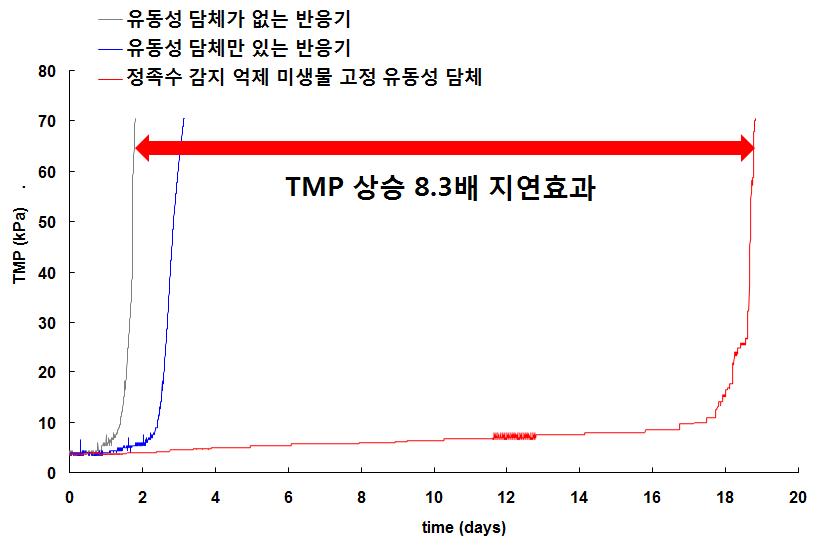 정족수 감지 억제 미생물 고정화 담체를 적용한 MBR의 TMP 변화 추이