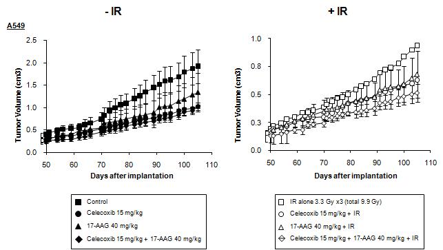 Tumor growth delay assay by combined treatment of celecoxib, 17-AAG, and IR in nude miceimplantated with A549 (4X106 cells)