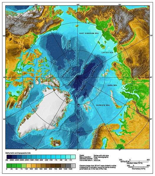 북극해의 해저지형. 북극해는 약 50%가 대륙붕으로 이루어짐