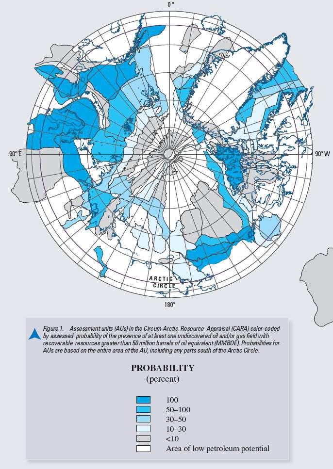 북극주변 자원평가(Circum-Arctic Resource Appraisal)의 평가단위 (Assessment Units)는 5,000만 배럴 이상 매장량을 가진 미발견된 원유전이나 가스전의 발견이 예상되는 가능성을 평가하여 색으로 나타낸 지도. 평가단위의 가능성은 평가단위의 전체 지역에 기초하였고 북극권 남쪽지역도 포함되었음 (USGS, 2008).