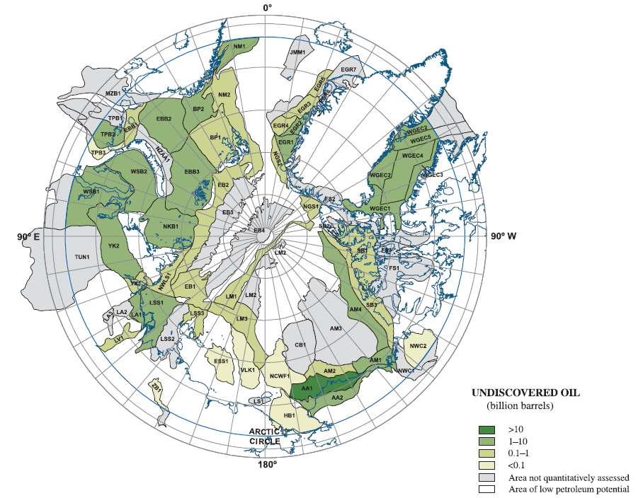 북극주변 자원평가(Circum-Arctic Resource Appraisal)의 평가단위 (Assessment Units)는 발견되지 않은 원유의 매장량을 평균적으로 평가하여 색으로 나타낸 지도. 북극권 북쪽지역만 평가하여 표시함. 검정색 선은 평가단위를 표시(Grautier et al., 2009 from Science, v. 324).