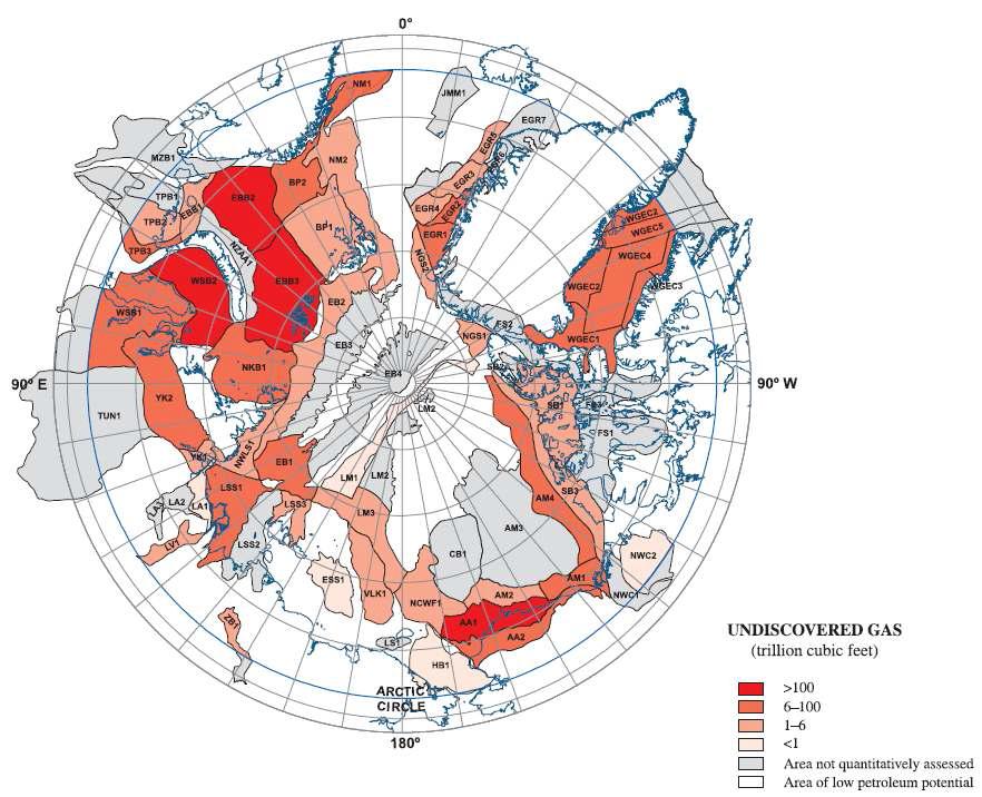 북극주변 자원평가(Circum-Arctic Resource Appraisal)의 평가단위 (Assessment Units)는 발견되지 않은 가스의 매장량을 평균적으로 평가하여 색으로 나타낸 지도. 북극권 북쪽지역만 평가하여 표시함. 검정색 선은 평가단위를 표시(Grautier et al., 2009 from Science, v. 324).