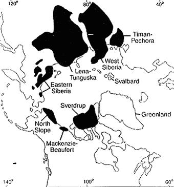 북반구 고위도 지역의 퇴적분지에 가스하이드레이트가 매장된 곳으로 추 정되는 지역(Collect and Dallimore, 1998, 2000)