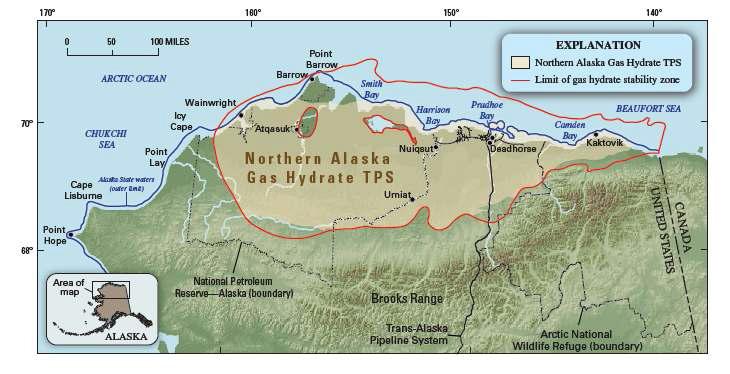 알래스카 북쪽 대륙사면에 매장되어 있는 가스하이드레이트 TPS(Total Petroleum System)과 가스하이드레이트의 안정존의 경계(붉은 선)