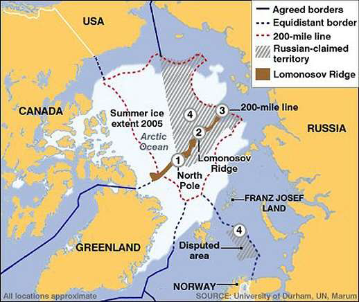 북극해 인접국의 EEZ 경계와 로모노소프 해령의 위치