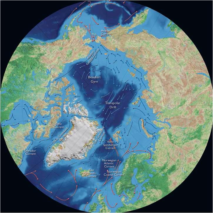 북극해의 표층해류와 순환시스템. 따뜻한 북대서양 표층해류는 프람해