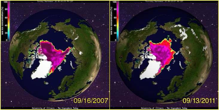 2007년 9월 16일 북극해의 해빙이 역대 최대로 감소한 위성 관측자료 및 역대 2번째로 감소한 2011년 9월 13일 위성 관측자료