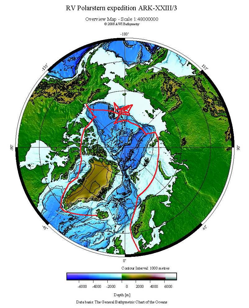 2008년 독일 쇄빙선 ' R.V. Polarstern' 을 이용한 북극해의 북서항로와 북동항로를 통과하면서 서북극해 탐사를 수행한 항로 및 지구물리탐사라인(붉은 선)을 나타냄